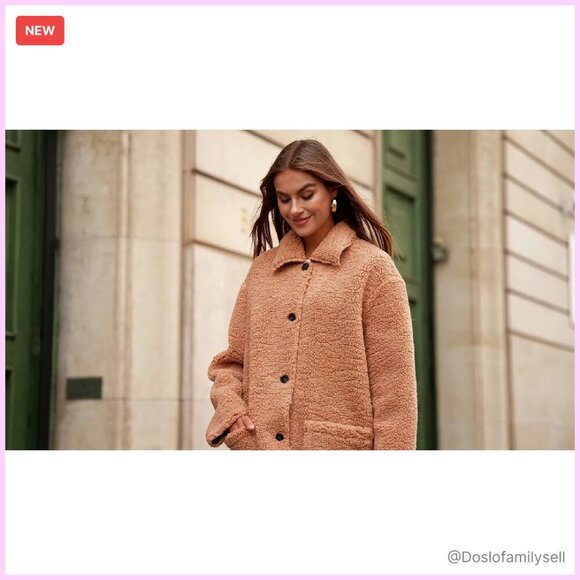 Faux Fur Sherpa Jacket Lapel Button Down Pockets Cozy Chic Outerwear - Picture 8 of 8